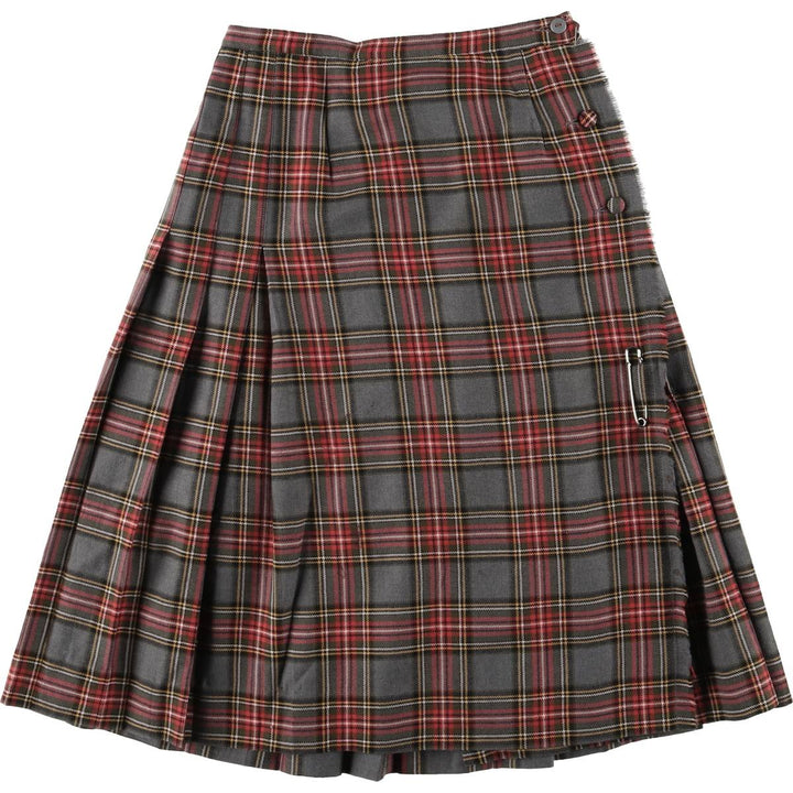Aljean Check Pattern Wool Half-Length Wrap Skirt, Women's Size M wool gray type Vintage Second Hand