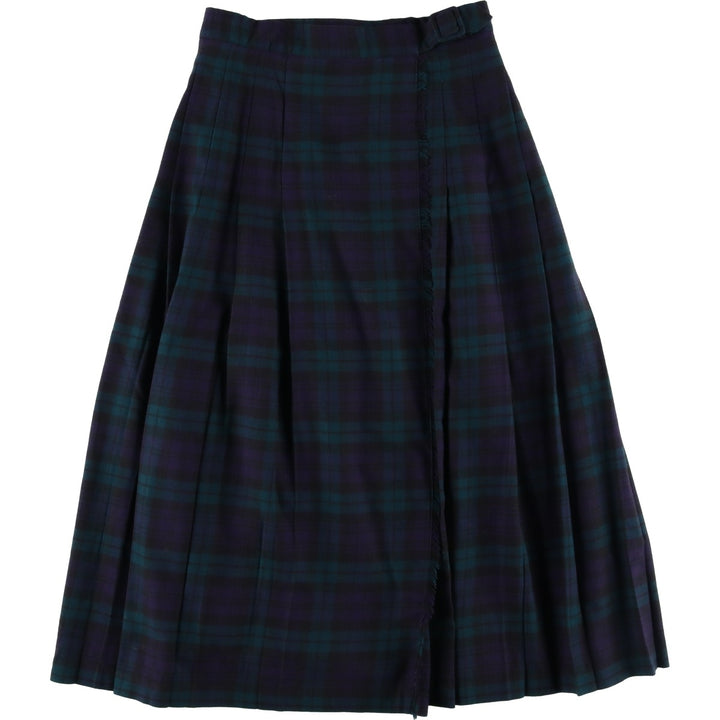 Laura Ashley Blackwatch Check Cotton and Wool Long Wrap Skirt, Made in the UK, Women's Size L wool navy blue type Vintage Second Hand