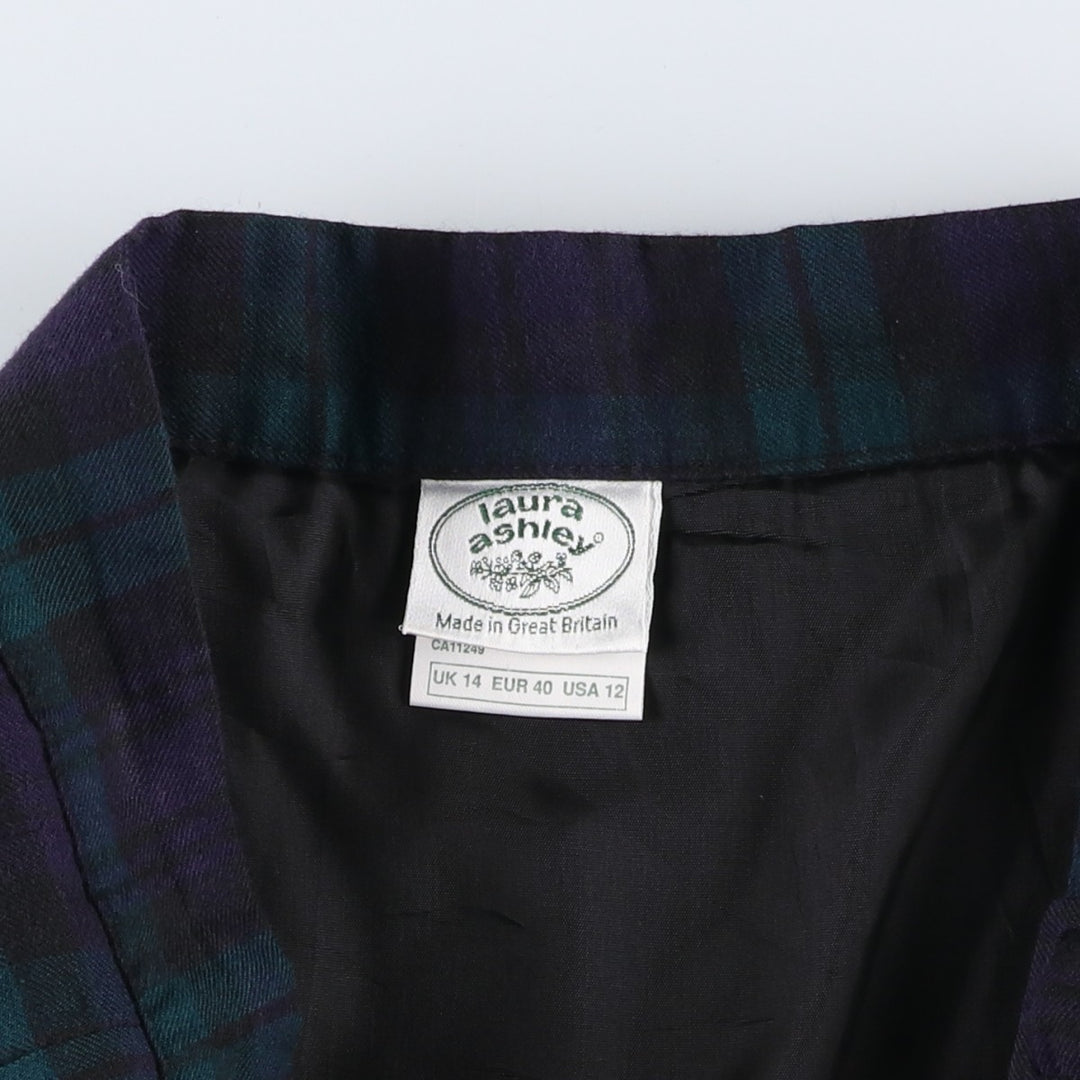 Laura Ashley Blackwatch Check Cotton and Wool Long Wrap Skirt, Made in the UK, Women's Size L wool navy blue type Vintage Second Hand