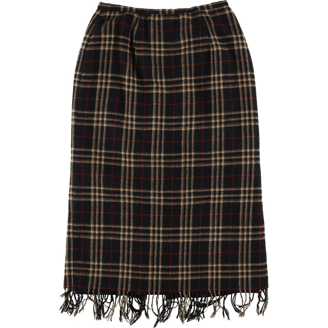 SAG HARBOR PETITE Check Pattern Fringed Wool Half-Length Tight Skirt, Women's Size M wool black type Vintage Second Hand