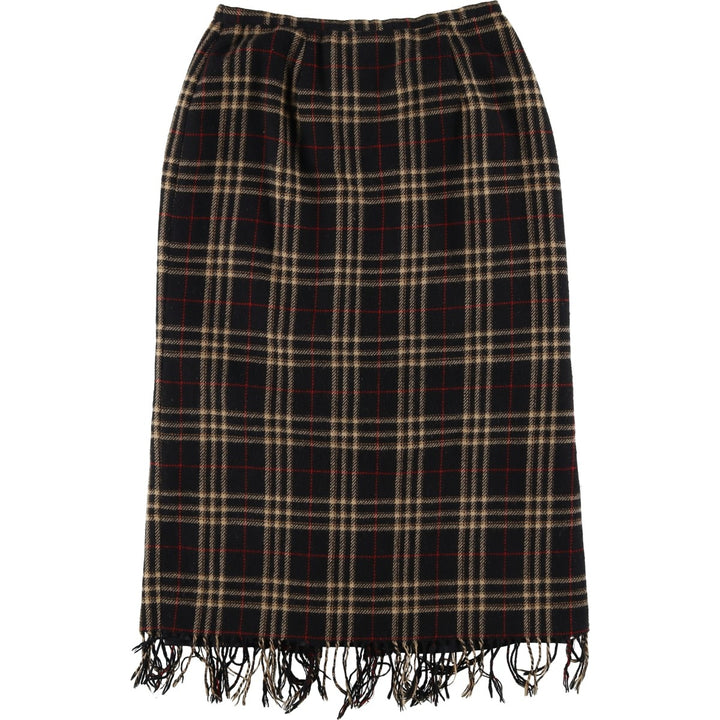 SAG HARBOR PETITE Check Pattern Fringed Wool Half-Length Tight Skirt, Women's Size M wool black type Vintage Second Hand