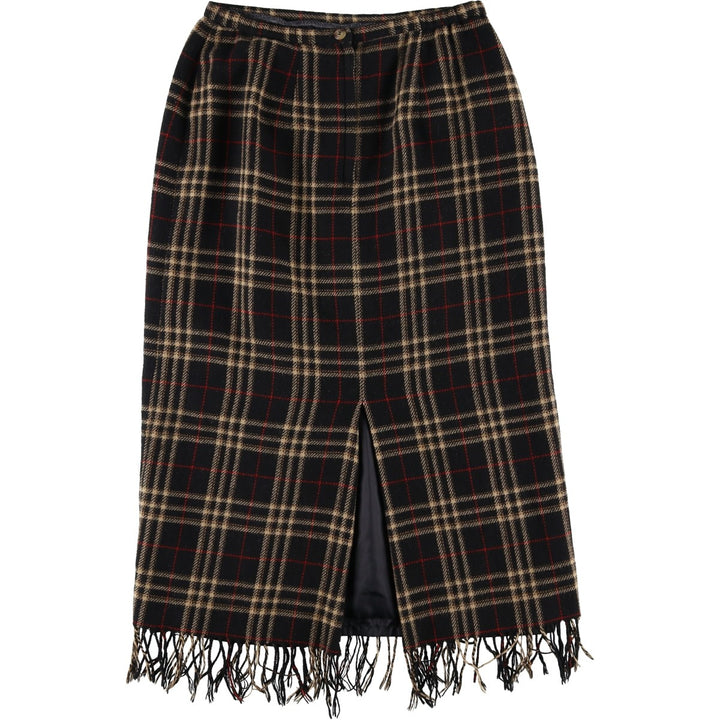 SAG HARBOR PETITE Check Pattern Fringed Wool Half-Length Tight Skirt, Women's Size M wool black type Vintage Second Hand