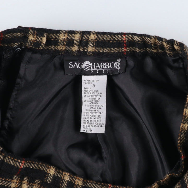SAG HARBOR PETITE Check Pattern Fringed Wool Half-Length Tight Skirt, Women's Size M wool black type Vintage Second Hand