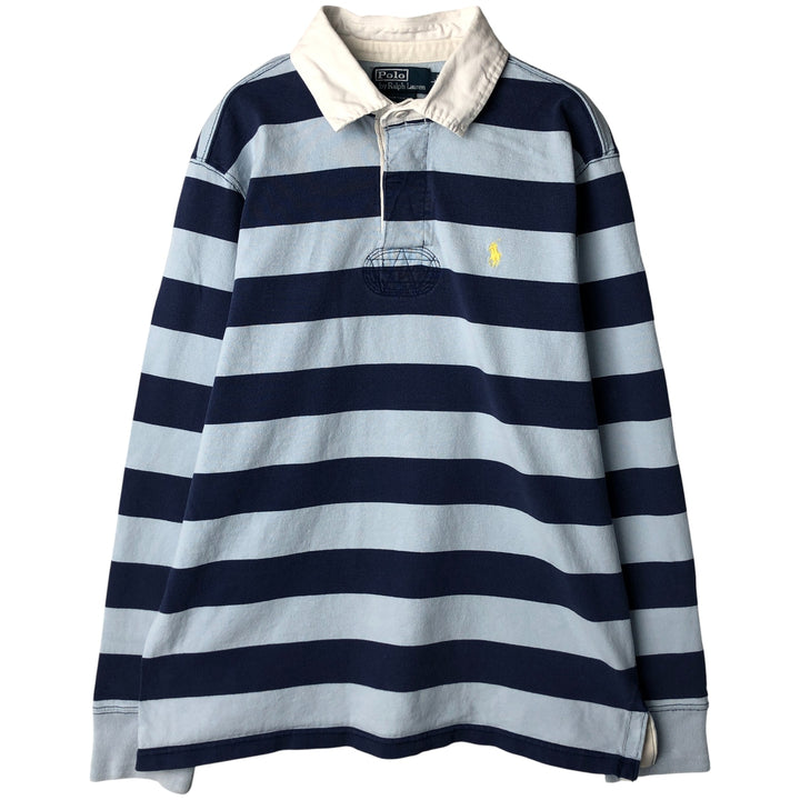 Ralph Lauren POLO by Ralph Lauren CUSTOM FIT Border Pattern Long Sleeve Rugby Shirt Men's L size cotton blue type Vintage Second Hand