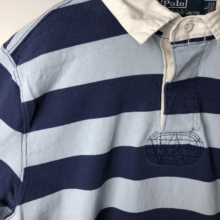 Ralph Lauren POLO by Ralph Lauren CUSTOM FIT Border Pattern Long Sleeve Rugby Shirt Men's L size cotton blue type Vintage Second Hand