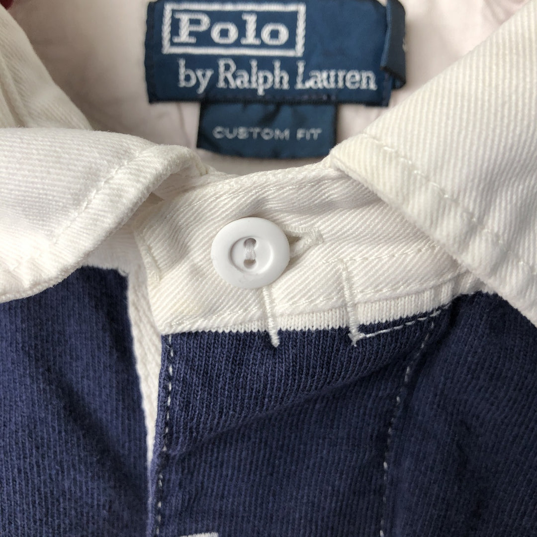 Ralph Lauren POLO by Ralph Lauren CUSTOM FIT Border Pattern Long Sleeve Rugby Shirt Men's L size cotton navy blue type Vintage Second Hand