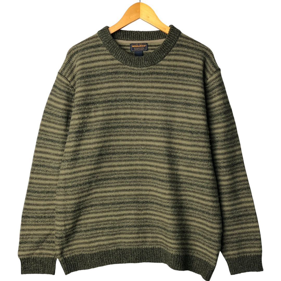 2000'S WOOLRICH Striped Pattern Wool Knit Sweater, Men's Size L wool Khaki type sage green Vintage Second Hand