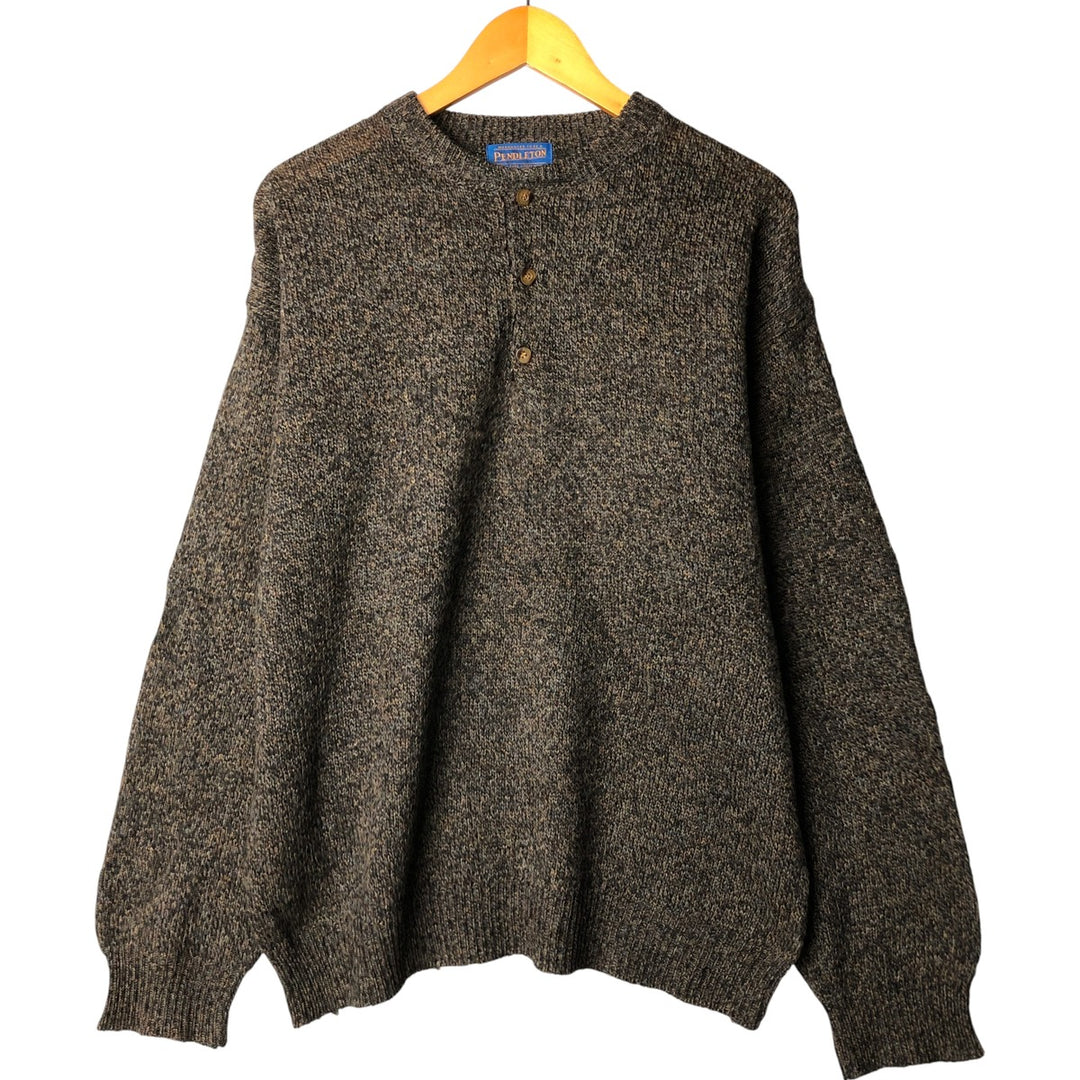 00'S Pendleton Henley neck wool knit sweater, men's size L shetland wool Khaki type Vintage Second Hand