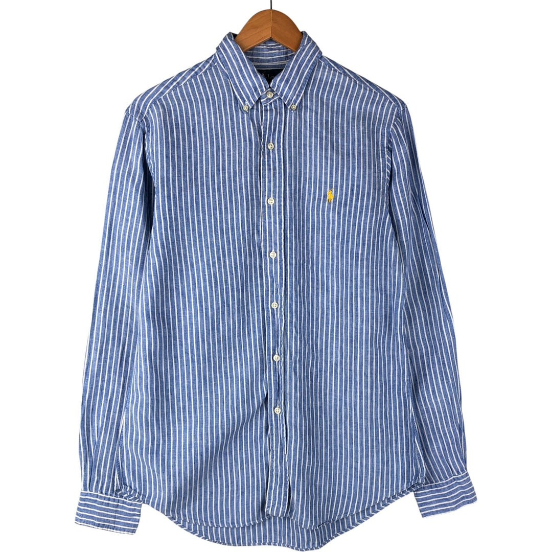 Ralph Lauren Custom Fit Striped Pattern Long Sleeve Linen Button-Down Shirt, Men's Size Medium linen Blue type light blue Vintage Second Hand