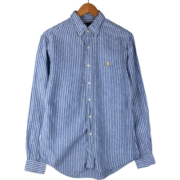 Ralph Lauren Custom Fit Striped Pattern Long Sleeve Linen Button-Down Shirt, Men's Size Medium linen Blue type light blue Vintage Second Hand