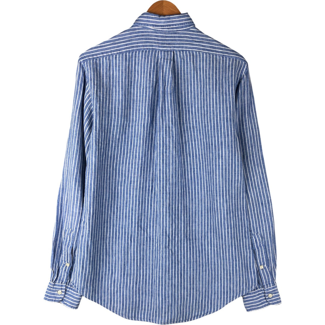 Ralph Lauren Custom Fit Striped Pattern Long Sleeve Linen Button-Down Shirt, Men's Size Medium linen Blue type light blue Vintage Second Hand