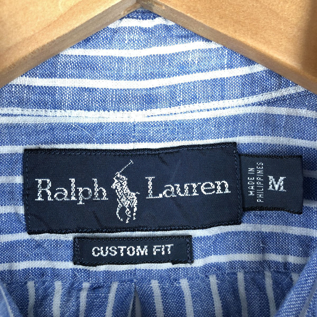 Ralph Lauren Custom Fit Striped Pattern Long Sleeve Linen Button-Down Shirt, Men's Size Medium linen Blue type light blue Vintage Second Hand