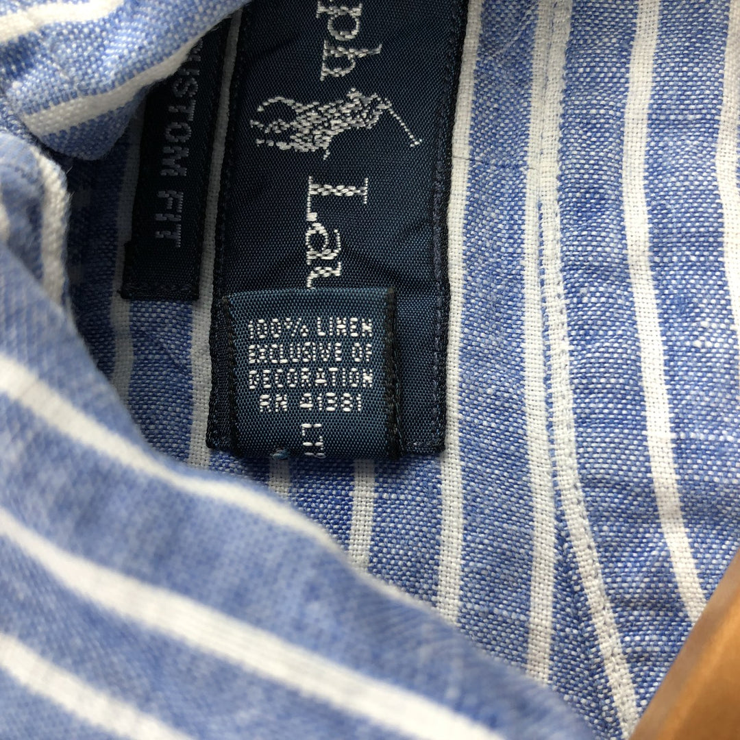 Ralph Lauren Custom Fit Striped Pattern Long Sleeve Linen Button-Down Shirt, Men's Size Medium linen Blue type light blue Vintage Second Hand