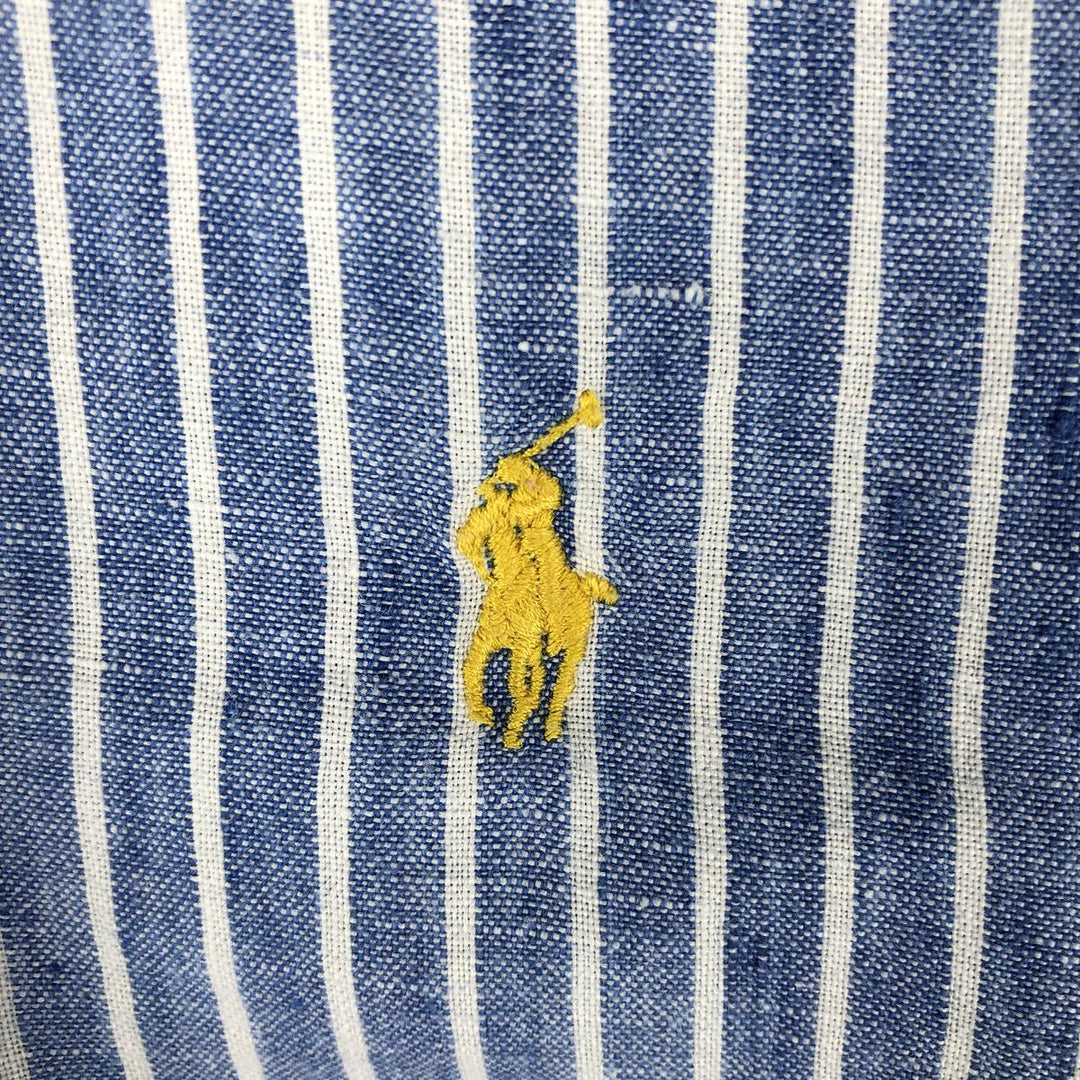 Ralph Lauren Custom Fit Striped Pattern Long Sleeve Linen Button-Down Shirt, Men's Size Medium linen Blue type light blue Vintage Second Hand