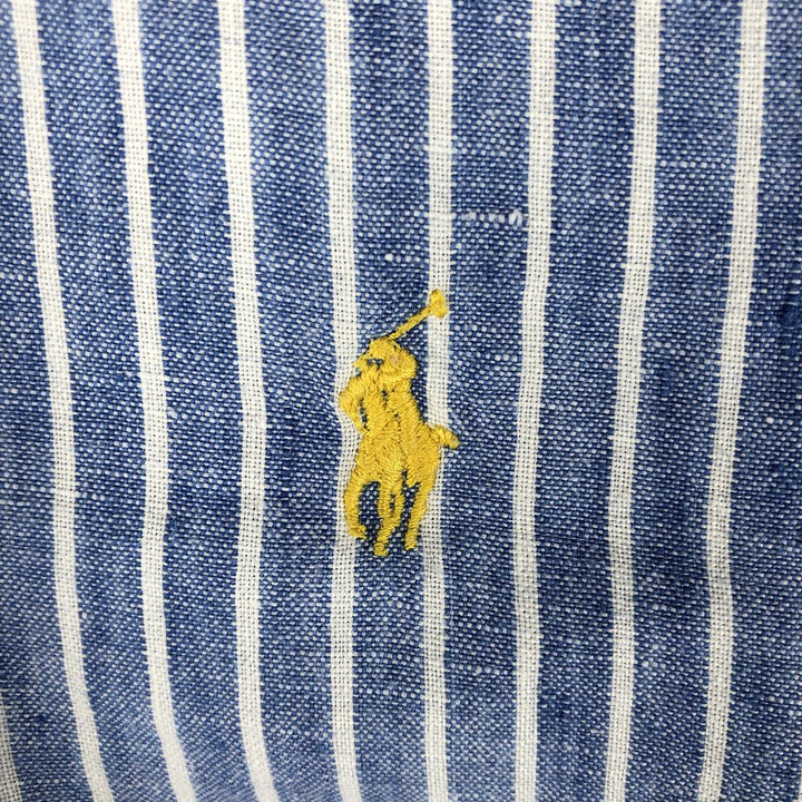 Ralph Lauren Custom Fit Striped Pattern Long Sleeve Linen Button-Down Shirt, Men's Size Medium linen Blue type light blue Vintage Second Hand