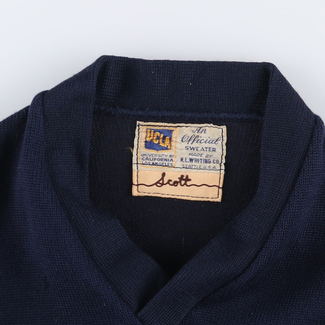 Vintage 1950'S UCLA University of California, Los Angeles V-neck cotton knit sweater, size S, men's unclear navy blue type Vintage Second Hand