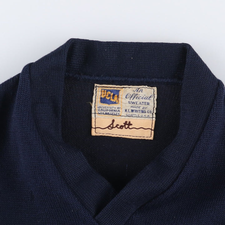 Vintage 1950'S UCLA University of California, Los Angeles V-neck cotton knit sweater, size S, men's unclear navy blue type Vintage Second Hand