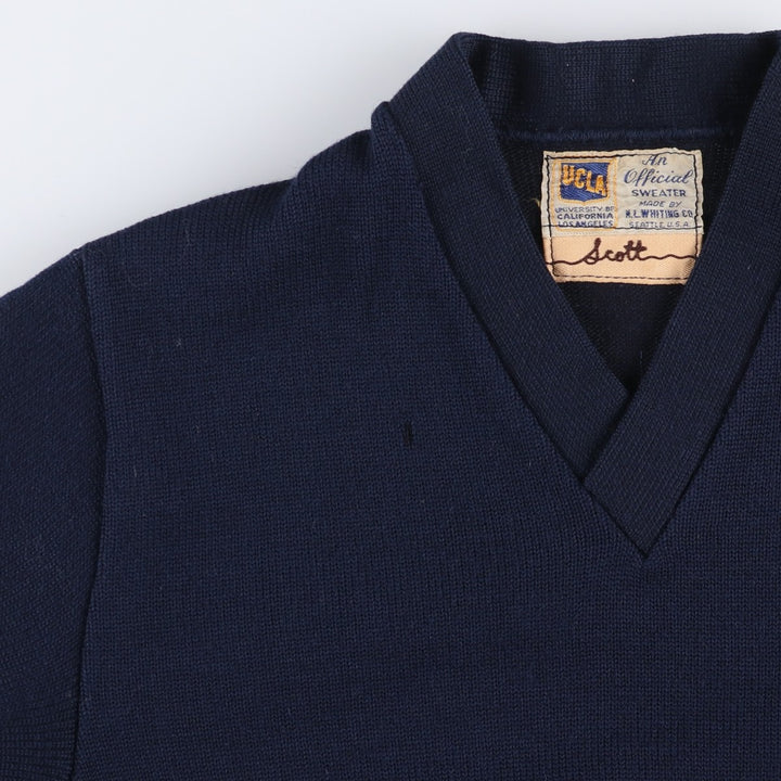 Vintage 1950'S UCLA University of California, Los Angeles V-neck cotton knit sweater, size S, men's unclear navy blue type Vintage Second Hand