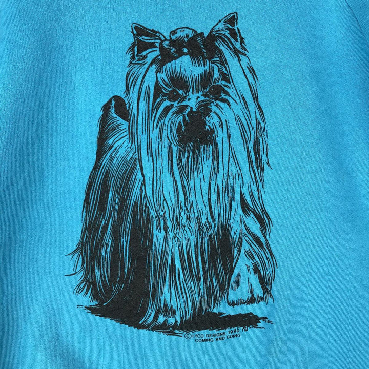 Dog print animal sweatshirt, trainer, men's size L unclear turquoise blue Vintage Second Hand