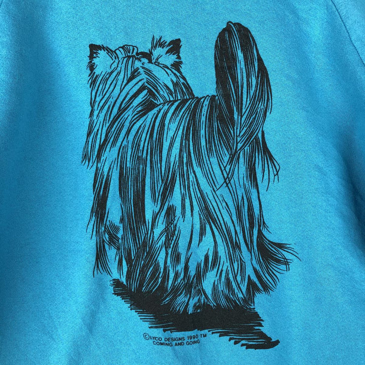 Dog print animal sweatshirt, trainer, men's size L unclear turquoise blue Vintage Second Hand