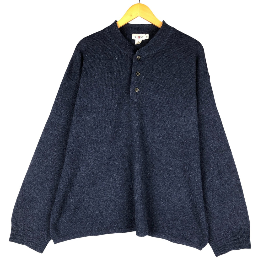 90'S J.Crew Henley Neck Lambswool Knit Sweater, Men's Size XL, Vintage Lamb wool navy blue type Vintage Second Hand