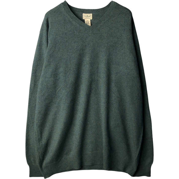 90'S - Vintage LL Bean V-neck cashmere knit sweater, Men's XL Cashmere dark green Vintage Second Hand