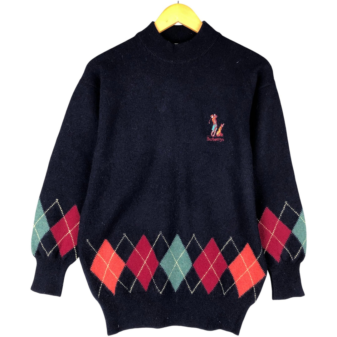 Burberry's Argyle Pattern Mock Neck Lambswool Knit Sweater, Made in Scotland, Men's Size Medium Lamb wool navy blue type Vintage Second Hand