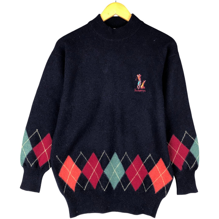 Burberry's Argyle Pattern Mock Neck Lambswool Knit Sweater, Made in Scotland, Men's Size Medium Lamb wool navy blue type Vintage Second Hand