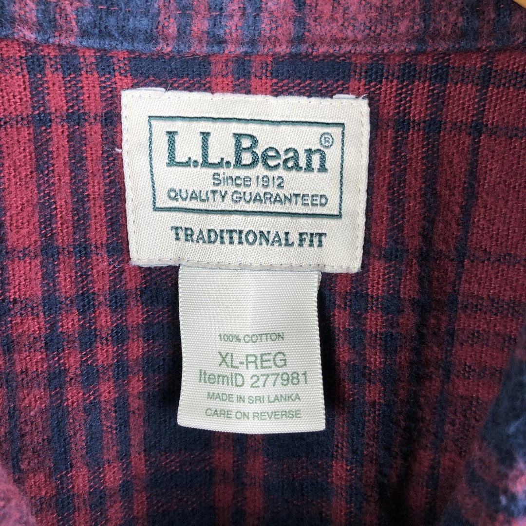 LLBean Check Pattern Long Sleeve Flannel Check Shirt, Men's Size XL cotton red type Vintage Second Hand