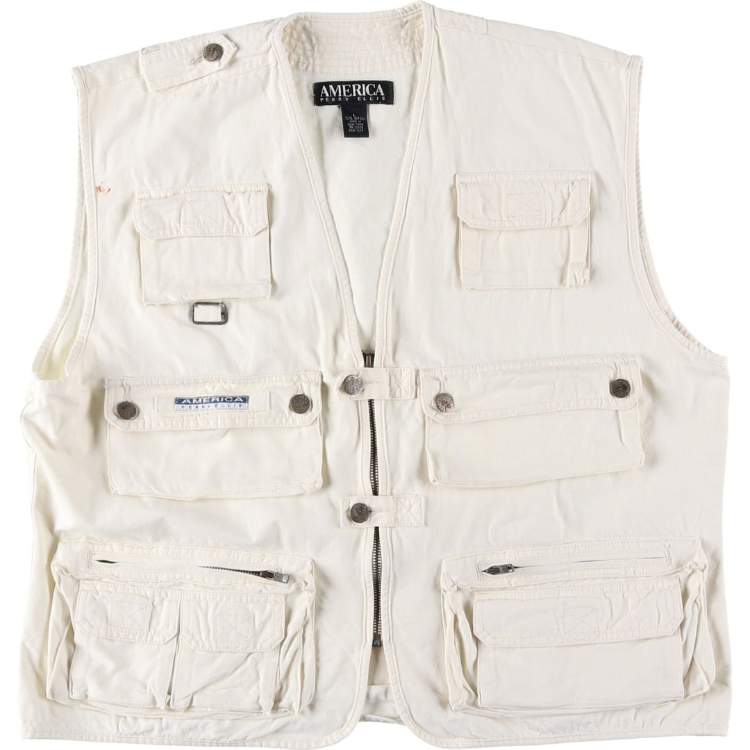Perry Ellis America Fishing Vest, Men's Size L cotton unbleached Vintage Second Hand