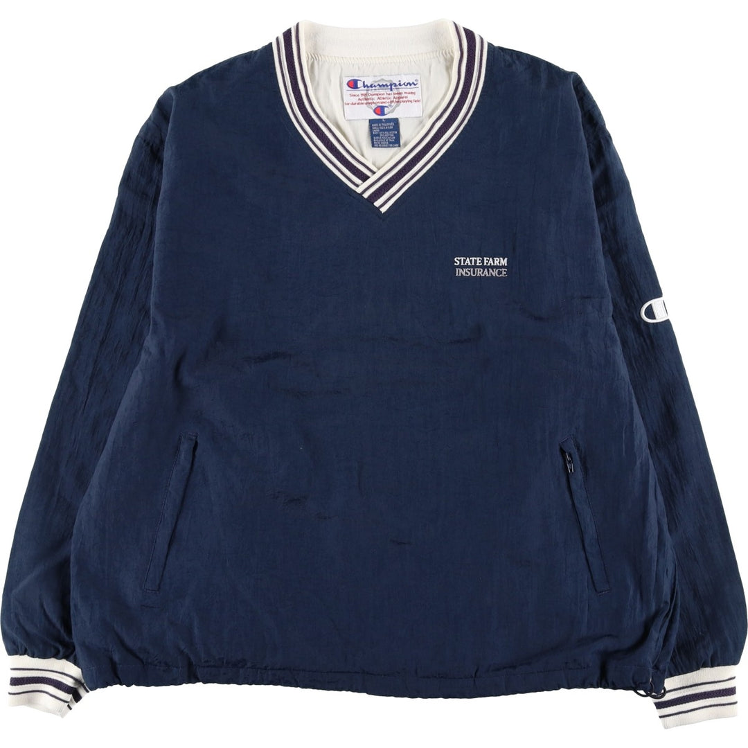 90'S Champion V-neck warm-up pullover, men's size L, vintage polyester navy blue type Vintage Second Hand