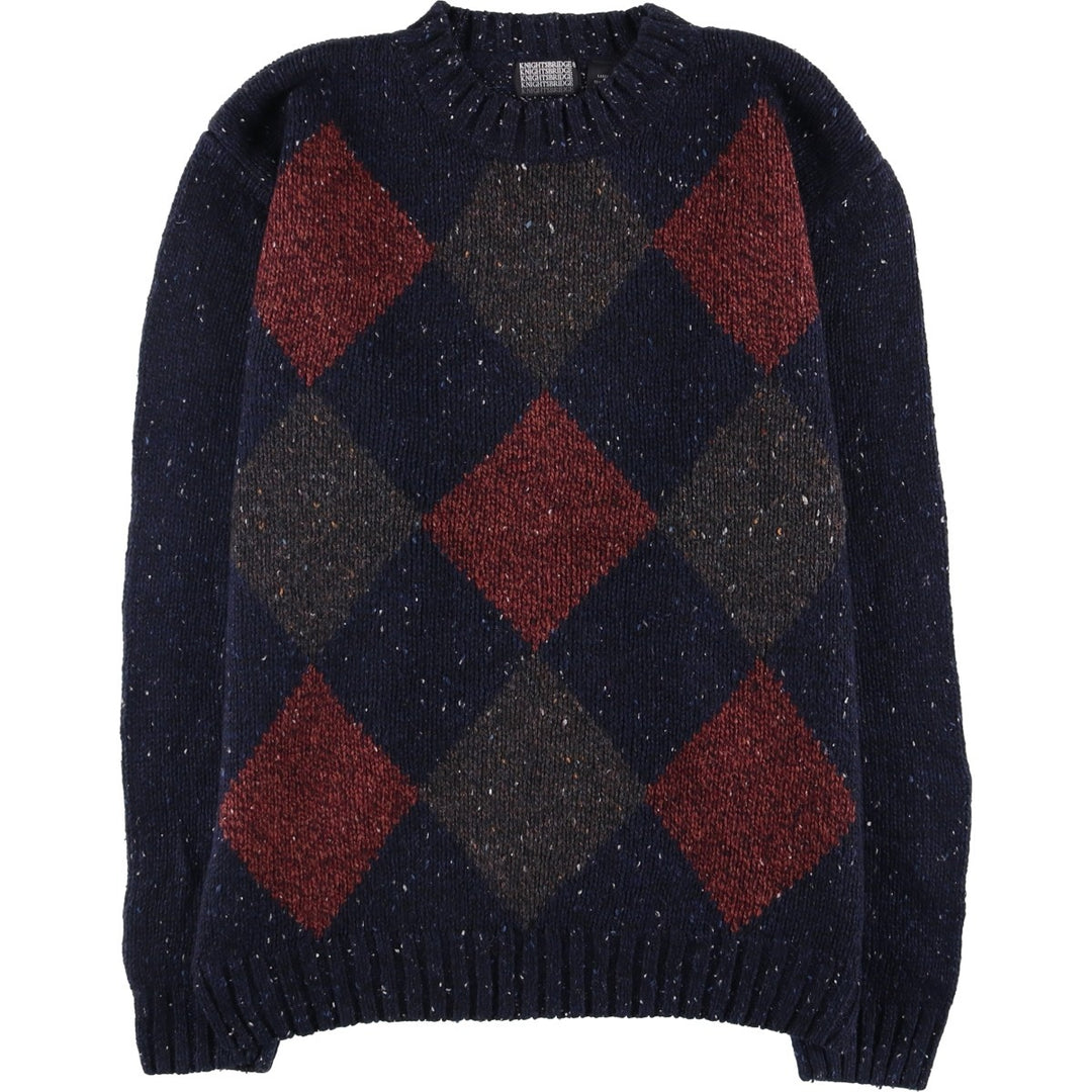 90'S Vintage KNIGHTSBRIDGE Argyle Pattern Colored Nep Ramie Knit Sweater, Men's Size L Lamy navy blue type Vintage Second Hand