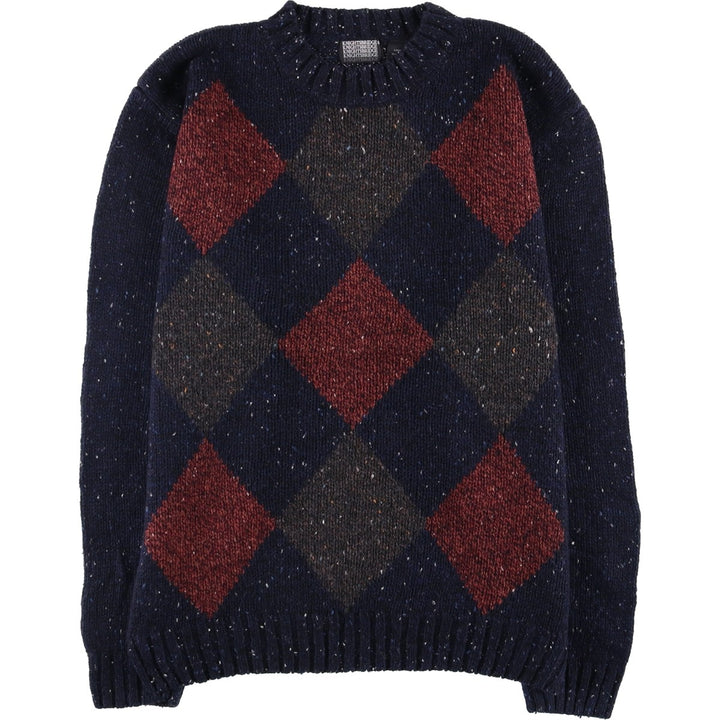 90'S Vintage KNIGHTSBRIDGE Argyle Pattern Colored Nep Ramie Knit Sweater, Men's Size L Lamy navy blue type Vintage Second Hand