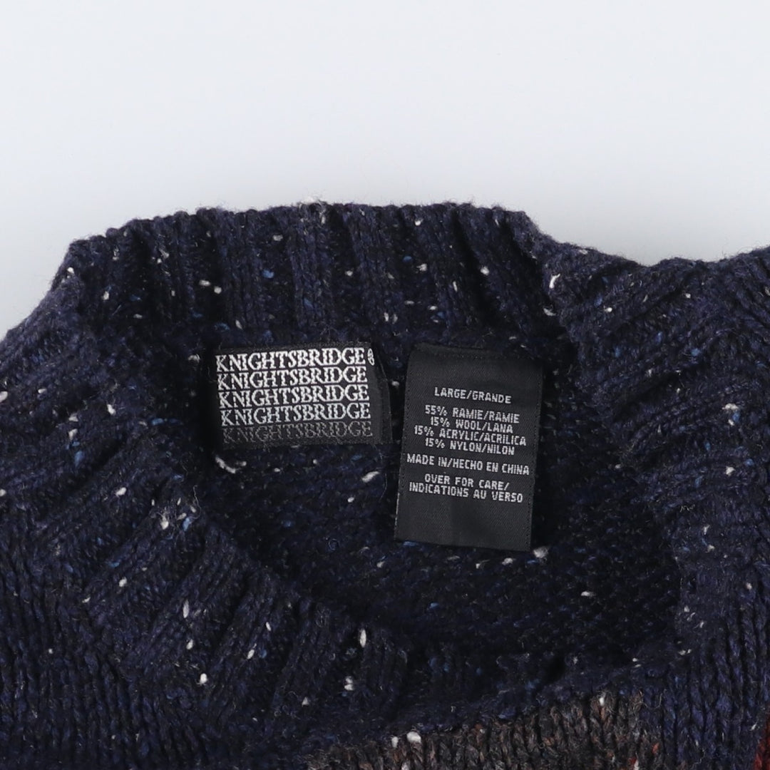 90'S Vintage KNIGHTSBRIDGE Argyle Pattern Colored Nep Ramie Knit Sweater, Men's Size L Lamy navy blue type Vintage Second Hand