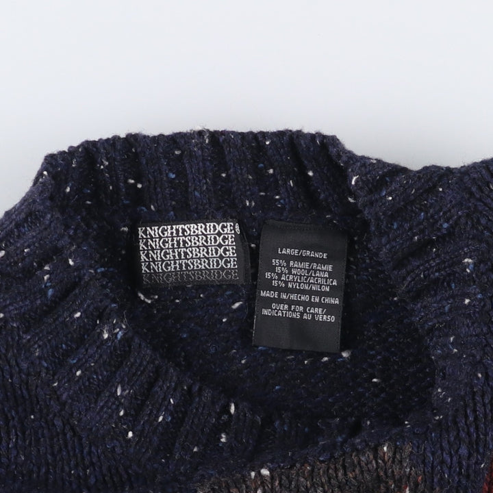 90'S Vintage KNIGHTSBRIDGE Argyle Pattern Colored Nep Ramie Knit Sweater, Men's Size L Lamy navy blue type Vintage Second Hand