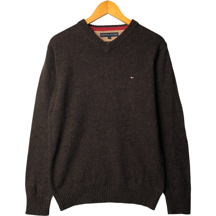 Tommy Hilfiger V-neck lambswool knit sweater, men's size M Lamb wool brown type Vintage Second Hand