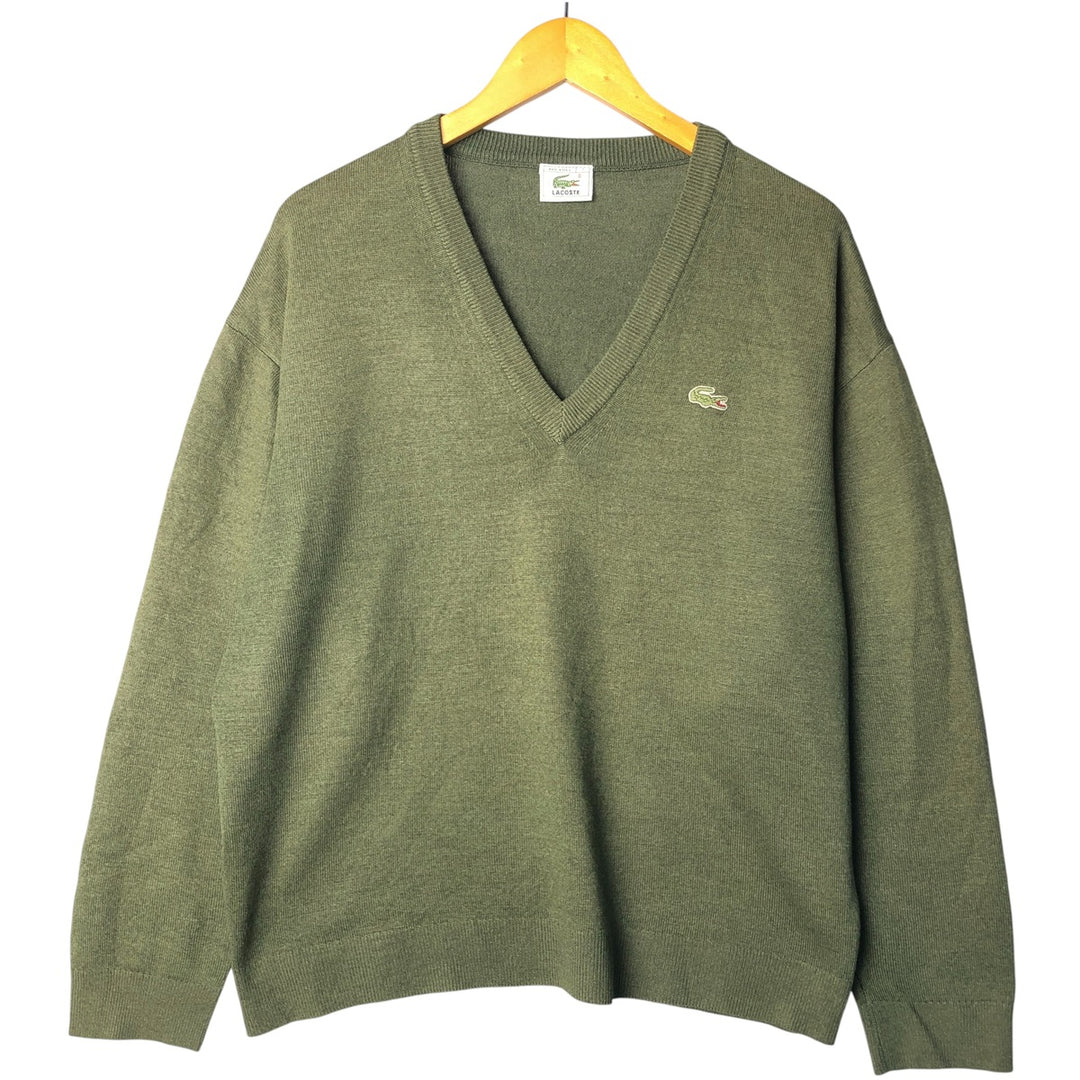 Vintage 80s-90'S Lacoste V-neck acrylic and wool knit sweater, Made in Spain, Size 7 (Men's XL) acrylic Khaki type Vintage Second Hand