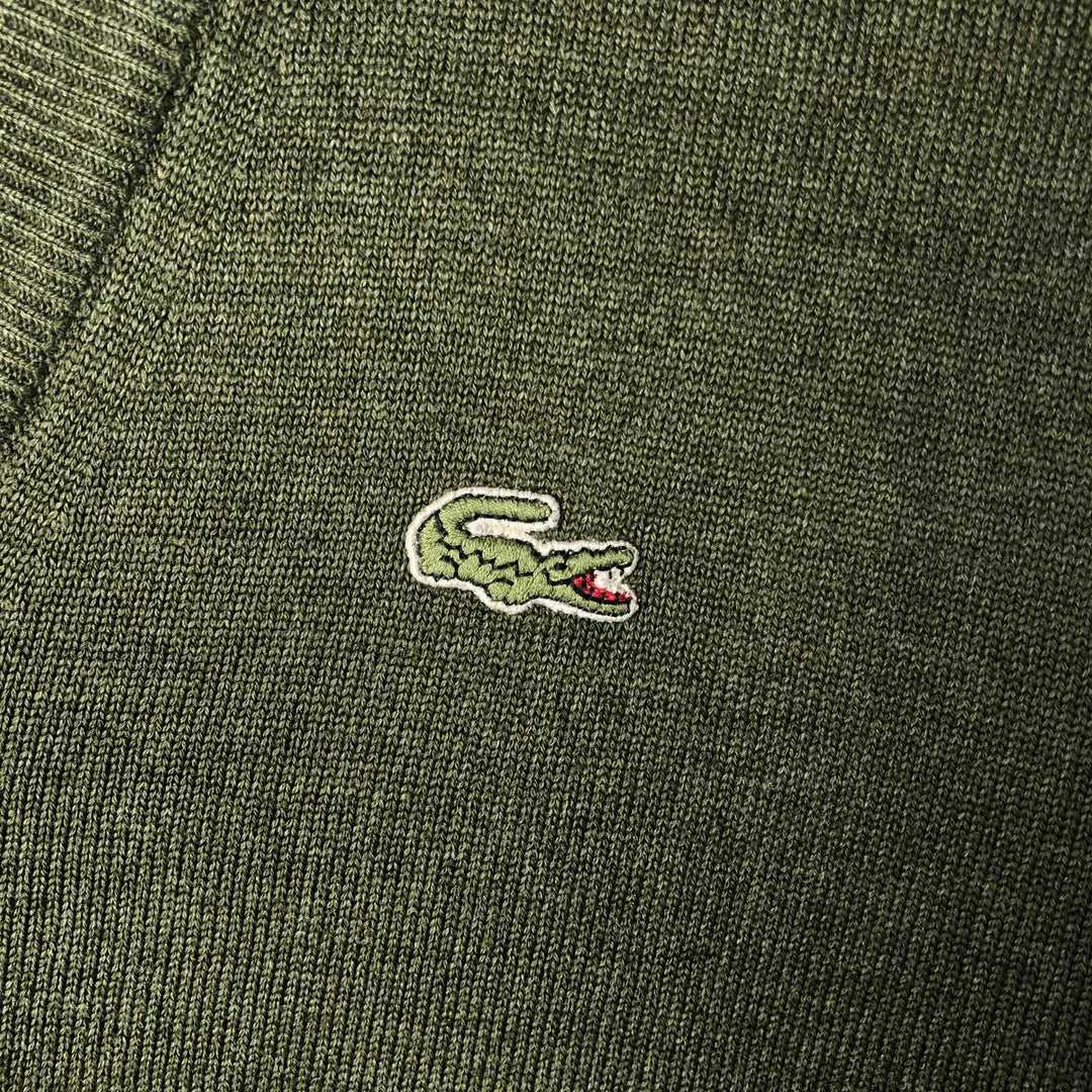 Vintage 80s-90'S Lacoste V-neck acrylic and wool knit sweater, Made in Spain, Size 7 (Men's XL) acrylic Khaki type Vintage Second Hand