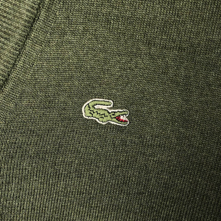 Vintage 80s-90'S Lacoste V-neck acrylic and wool knit sweater, Made in Spain, Size 7 (Men's XL) acrylic Khaki type Vintage Second Hand