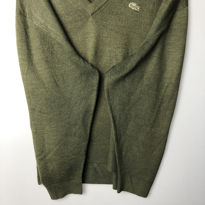 Vintage 80s-90'S Lacoste V-neck acrylic and wool knit sweater, Made in Spain, Size 7 (Men's XL) acrylic Khaki type Vintage Second Hand