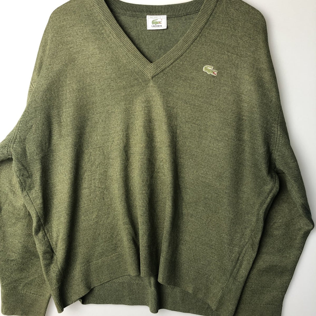 Vintage 80s-90'S Lacoste V-neck acrylic and wool knit sweater, Made in Spain, Size 7 (Men's XL) acrylic Khaki type Vintage Second Hand