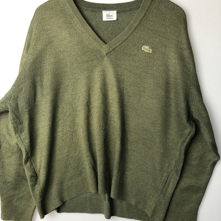 Vintage 80s-90'S Lacoste V-neck acrylic and wool knit sweater, Made in Spain, Size 7 (Men's XL) acrylic Khaki type Vintage Second Hand