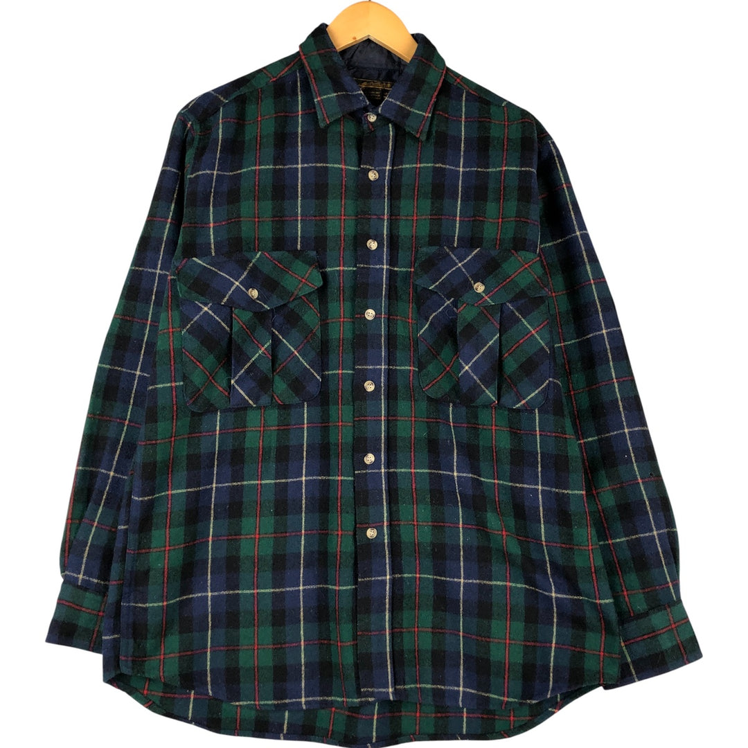 Vintage 1970s-1980'S Eddie Bauer Check Pattern Wool Shirt with Black Tag, Men's Size L wool navy blue type Vintage Second Hand