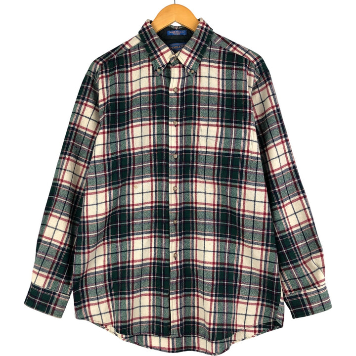 2000'S Pendleton Check Pattern Button-Down Wool Shirt, Made in USA, Men's Size L wool Green type dark green Vintage Second Hand