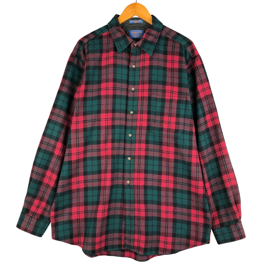 2000'S Pendleton Check Pattern Wool Shirt, Made in USA, Men's XL wool Green type dark green Vintage Second Hand
