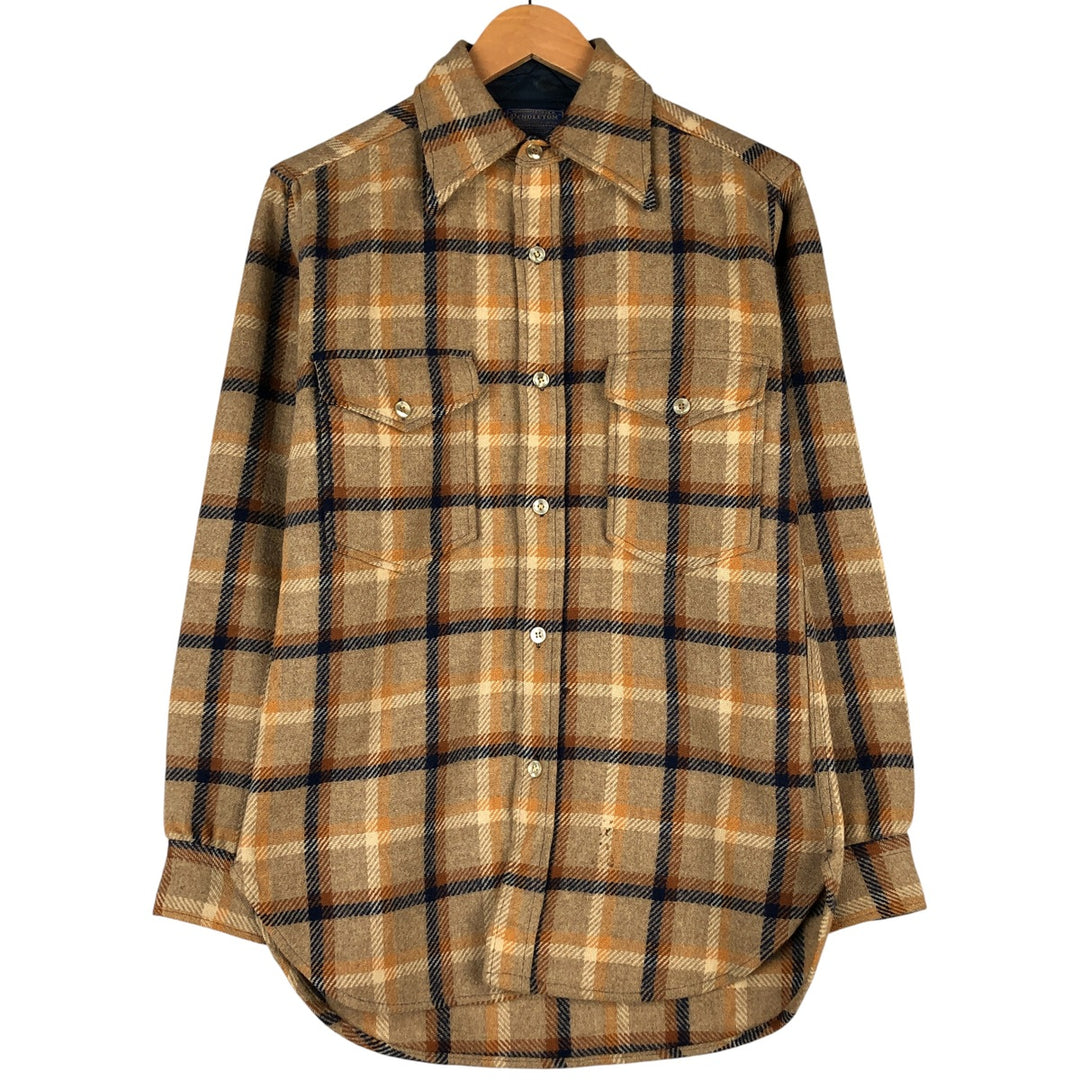 Vintage 1970'S Pendleton Check Pattern Wool Shirt, Made in USA, Men's Size Small wool Beige type Vintage Second Hand