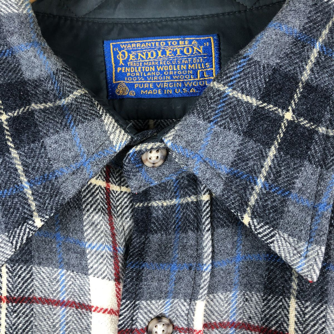 Vintage 70'S Pendleton Check Pattern Wool Shirt Made in USA Men's L wool gray type Vintage Second Hand
