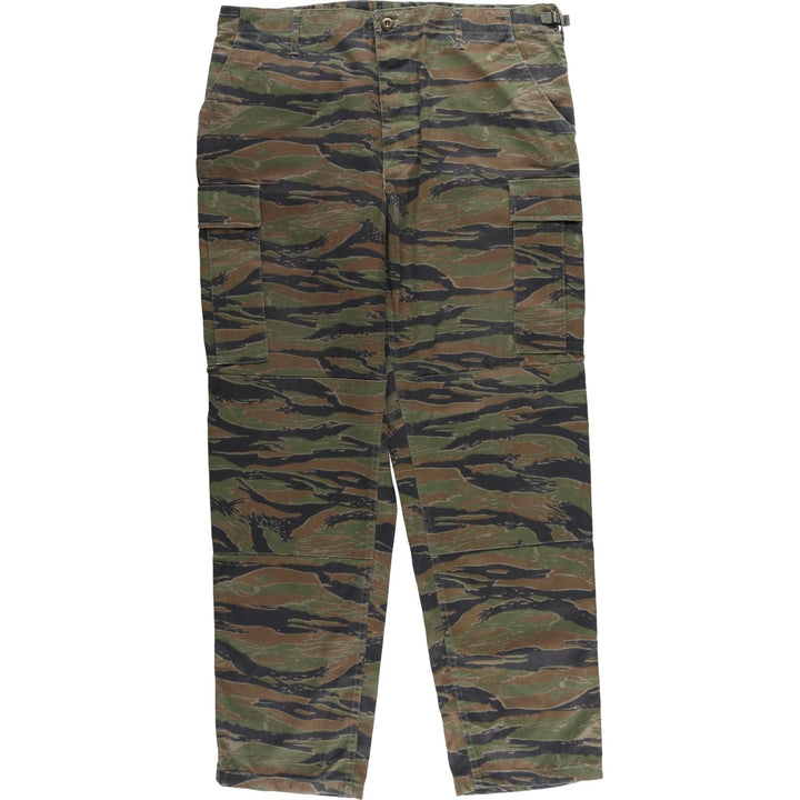 90'S Civilian PROPPER Camouflage Pattern Tiger Stripe Camo Double Knee Military Cargo Pants, Men's Size L, Vintage cotton green type Vintage Second Hand