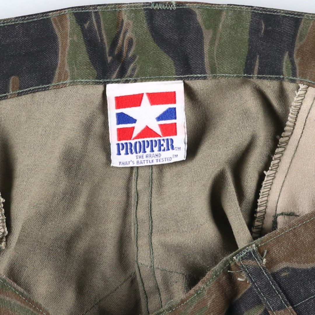 90'S Civilian PROPPER Camouflage Pattern Tiger Stripe Camo Double Knee Military Cargo Pants, Men's Size L, Vintage cotton green type Vintage Second Hand