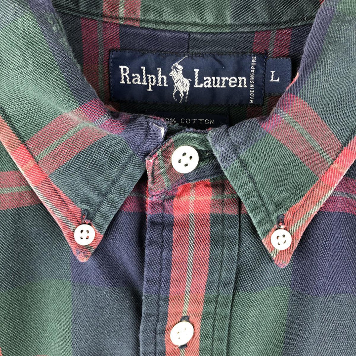 Ralph Lauren long sleeve button down check shirt, men's size L cotton Green type dark green Vintage Second Hand